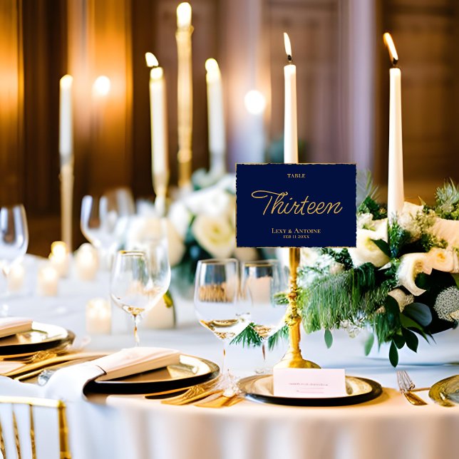 Simple Elegance Navy Blue Gold Edge Custom Table Number (Creator Uploaded)
