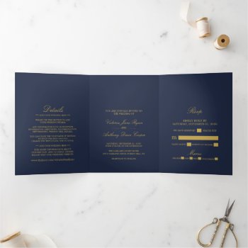 Simple Elegance Navy Blue & Gold Wedding Suite Tri-fold Invitation by StampedyStamp at Zazzle