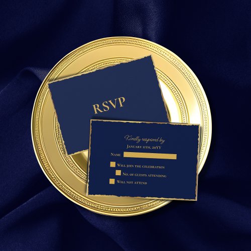Simple Elegance Navy Blue Luxe Gold Edge Wedding RSVP Card