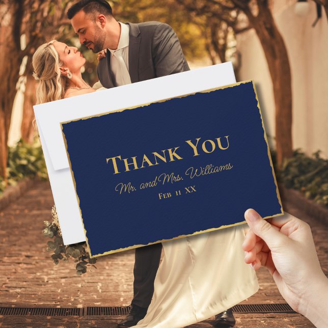Simple Elegance Navy Blue Luxe Gold Edge Wedding Thank You Card (Creator Uploaded)