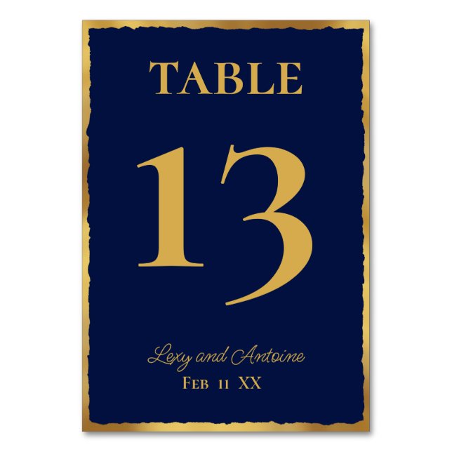 Simple Elegance Personalized Navy Blue Gold Edge Table Number (Front)