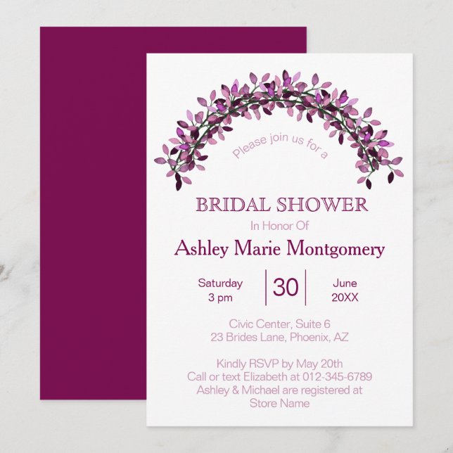 Simple Elegance Purple Leafy Arch Bridal Shower Invitation (Front/Back)