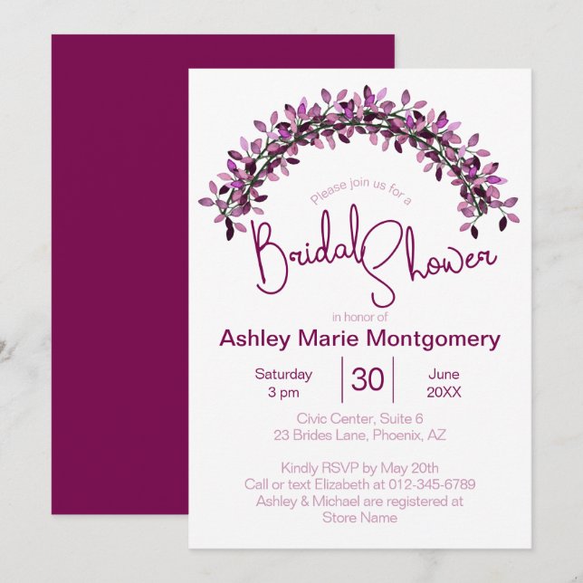 Simple Elegance Purple Leafy Arch Bridal Shower Invitation (Front/Back)