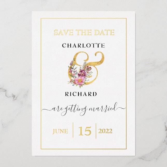 Simple Elegance, SAVE the DATE, Decorative "&" Foil Invitation (Front)