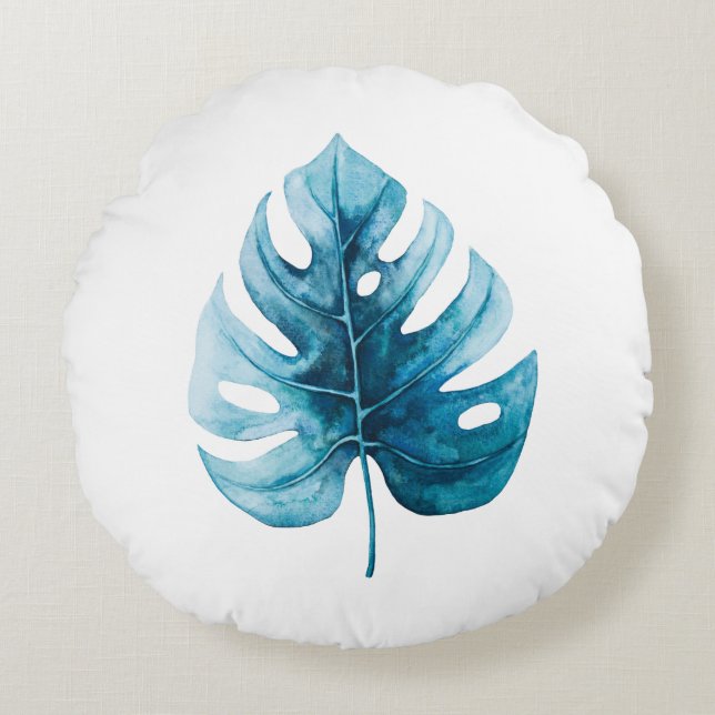 Simple Elegance Watercolor Blue Monstera Leaf Round Pillow (Front)