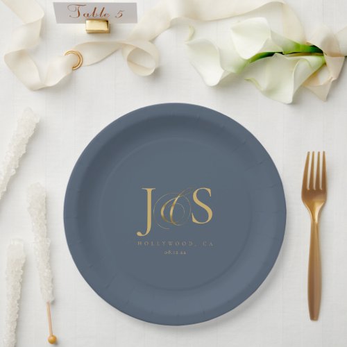 Simple Elegance Wedding Initials Blue ID1022 Paper Plates