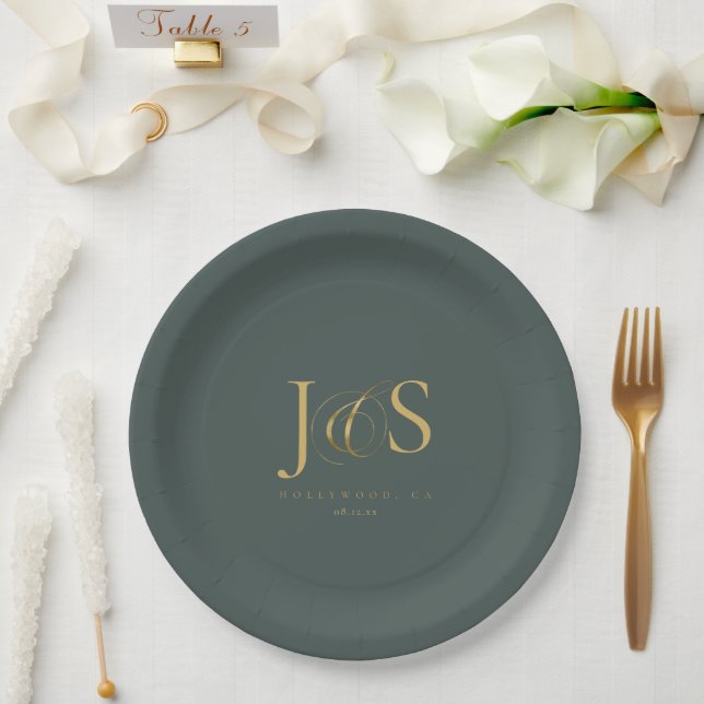 Simple Elegance Wedding Initials Green ID1022 Paper Plates (Wedding)