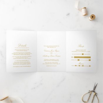 Simple Elegance White & Gold Wedding Suite Tri-fold Invitation by StampedyStamp at Zazzle