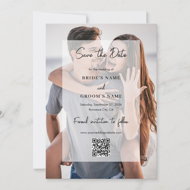 Simple Elegant 2 Photo Overlay QR Code Wedding  Save The Date (Front)