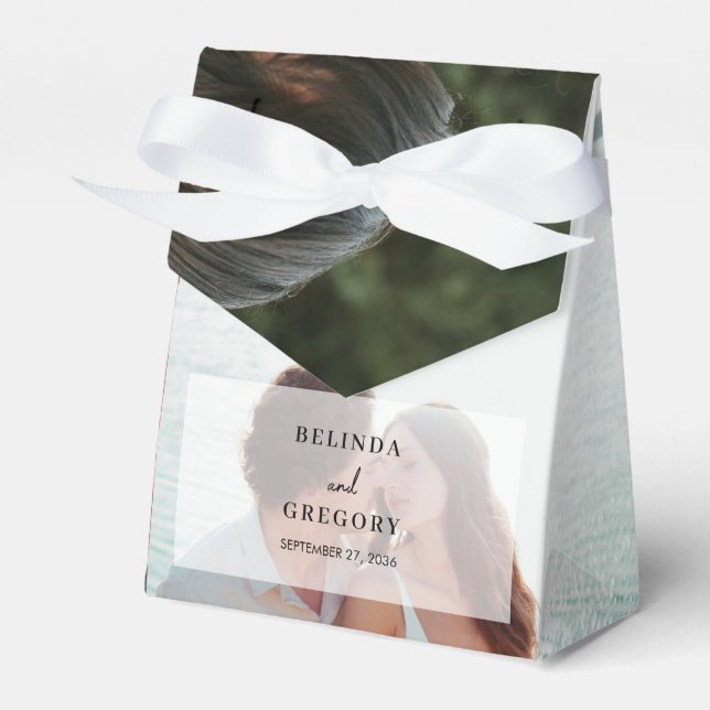 Simple Elegant 2 Photo Overlay Script Wedding Favor Boxes (Front Side)