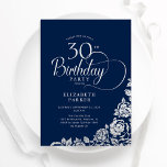 Simple Elegant 30th Birthday Navy Silver Roses Invitation<br><div class="desc">Simple elegant 30th birthday party invitation in navy and silver. Classy design featuring roses, faux silver foil and typography script font. Trendy invite card perfect for a stylish female bday celebration. Personalize with your own details. Can be customized to any age. Printed Zazzle invitations or instant download digital printable template....</div>