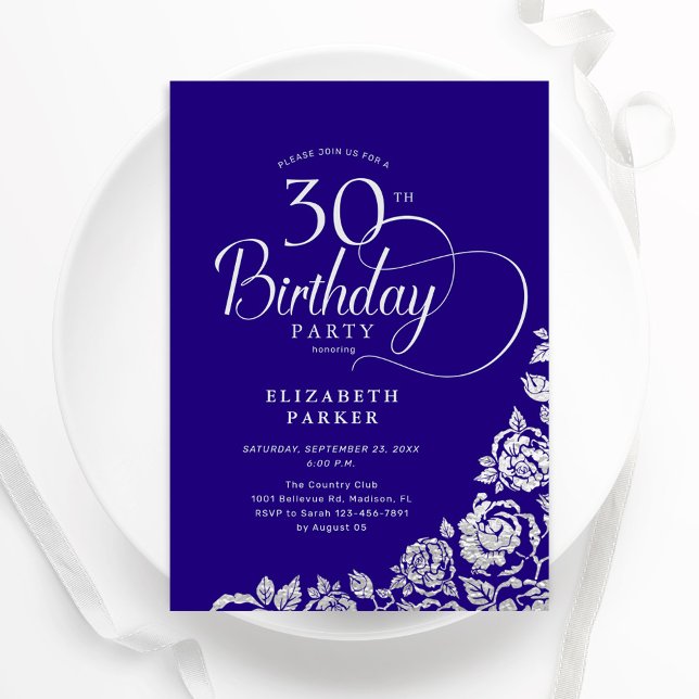 Simple Elegant 30th Birthday Purple Silver Roses Invitation (Creator Uploaded)