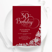 Simple Elegant 30th Birthday Red Silver Roses