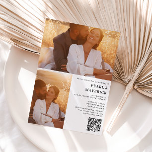 Simple elegant 3 photo qr code black white wedding invitation