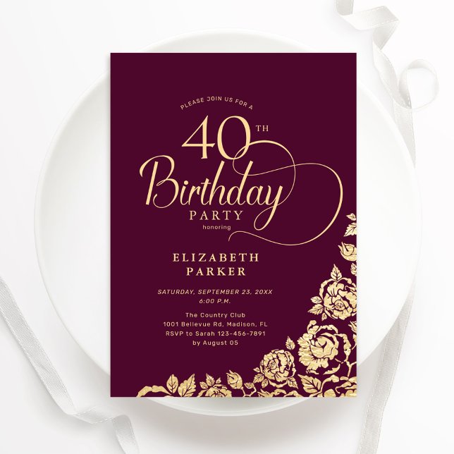 Simple Elegant 40th Birthday Burgundy Gold Invitation (Creator Uploaded)