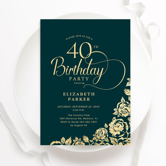 Simple Elegant 40th Birthday Emerald Green Gold Invitation (Creator Uploaded)