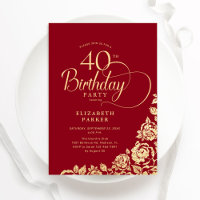 Simple Elegant 40th Birthday Red Gold Roses