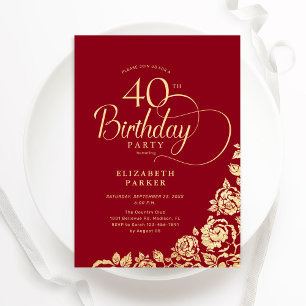 Simple Elegant 40th Birthday Red Gold Roses Invitation