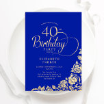 Simple Elegant 40th Birthday Royal Blue Gold Roses Invitation<br><div class="desc">Simple elegant 40th birthday party invitation in royal blue and gold. Classy design featuring roses, faux gold foil and typography script font. Trendy invite card perfect for a stylish female bday celebration. Personalize with your own details. Can be customized to any age. Printed Zazzle invitations or instant download digital printable...</div>