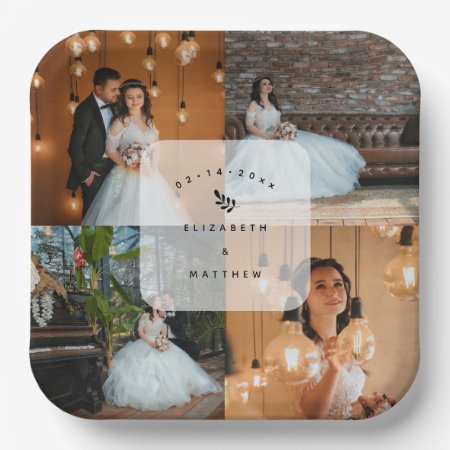 Simple Elegant 4 Photo Collage Wedding Party Paper Plates