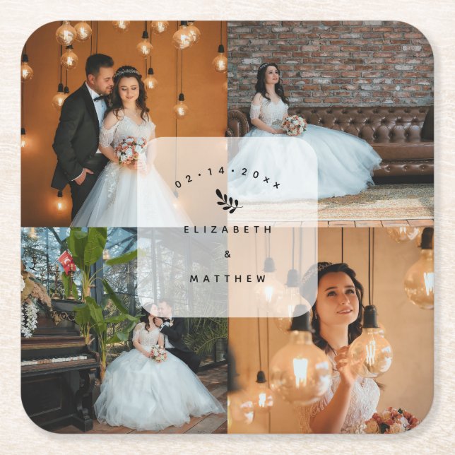 Simple Elegant 4 Photo Collage Wedding Party Square Paper Coaster (Front)
