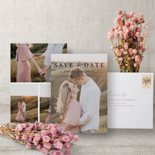 Simple Elegant 4 Photo Modern Script Engagement Save The Date