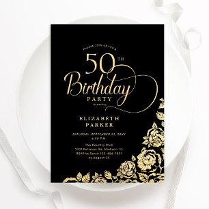 Simple Elegant 50th Birthday Black Gold Roses Invitation
