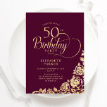 Simple Elegant 50th Birthday Burgundy Gold Invitation<br><div class="desc">Simple elegant 50th birthday party invitation in burgundy and gold. Classy design featuring roses, faux gold foil and typography script font. Trendy invite card perfect for a stylish female bday celebration. Personalize with your own details. Can be customized to any age. Printed Zazzle invitations or instant download digital printable template....</div>