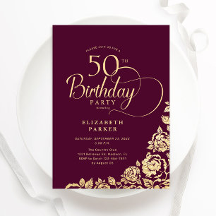 Simple Elegant 50th Birthday Burgundy Gold Invitation