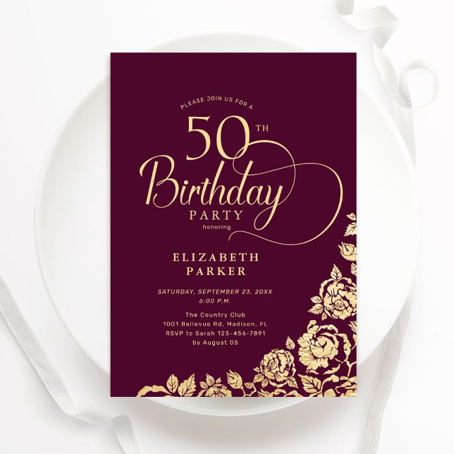 Simple Elegant 50th Birthday Burgundy Gold Invitation (Creator Uploaded)