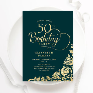 Simple Elegant 50th Birthday Emerald Green Gold Invitation
