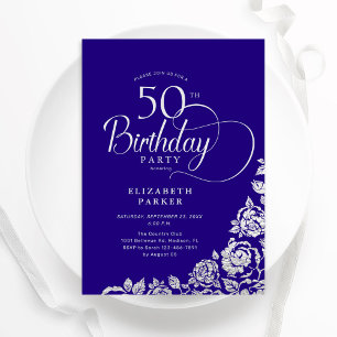 Simple Elegant 50th Birthday Purple Silver Roses Invitation