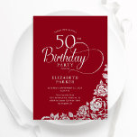 Simple Elegant 50th Birthday Red Silver Roses Invitation<br><div class="desc">Simple elegant 50th birthday party invitation in red and silver. Classy design featuring roses, faux silver foil and typography script font. Trendy invite card perfect for a stylish female bday celebration. Personalize with your own details. Can be customized to any age. Printed Zazzle invitations or instant download digital printable template....</div>