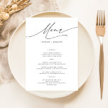 Simple Elegant 5x7 Wedding Dinner Food Menu Cards<br><div class="desc">Set the table with style using these Simple Elegant 5x7 Wedding Dinner Food Menu Cards. Featuring minimalist black and white calligraphy, they're the perfect touch for any wedding reception. Each card is a tasteful guide through your carefully selected wedding dinner menu, from the appetizing starter to the delightful dessert. Designed...</div>