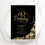 Simple Elegant 60th Birthday Black Gold Roses Invitation<br><div class="desc">Simple elegant 60th birthday party invitation in black and gold. Classy design featuring roses, faux gold foil and typography script font. Trendy invite card perfect for a stylish female bday celebration. Personalize with your own details. Can be customized to any age. Printed Zazzle invitations or instant download digital printable template....</div>