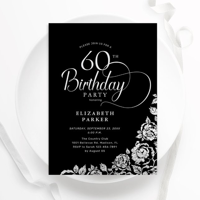 Simple Elegant 60th Birthday Black Silver Roses Invitation (Creator Uploaded)