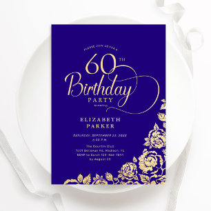 Simple Elegant 60th Birthday Purple Gold Roses Invitation