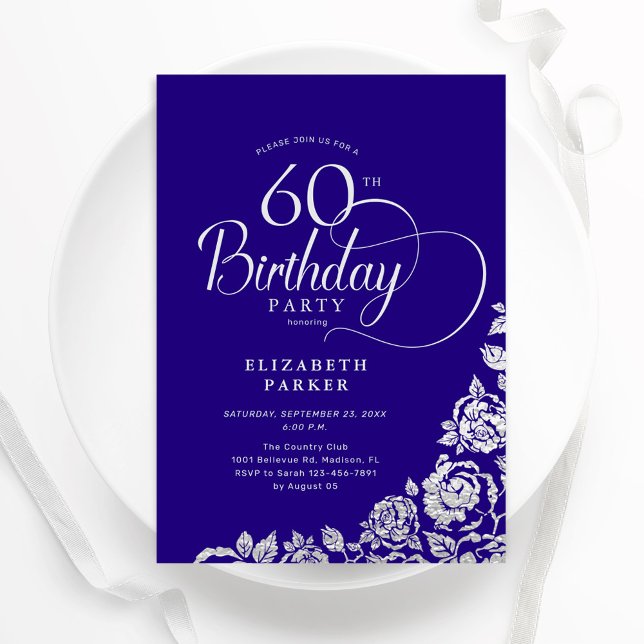 Simple Elegant 60th Birthday Purple Silver Roses Invitation (Creator Uploaded)