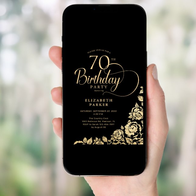 Simple Elegant 70th Birthday Black Gold Roses Invitation (Front Digital)