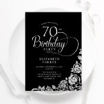 Simple Elegant 70th Birthday Black Silver Roses Invitation<br><div class="desc">Simple elegant 70th birthday party invitation in black and silver. Classy design featuring roses, faux silver foil and typography script font. Trendy invite card perfect for a stylish female bday celebration. Personalize with your own details. Can be customized to any age. Printed Zazzle invitations or instant download digital printable template....</div>