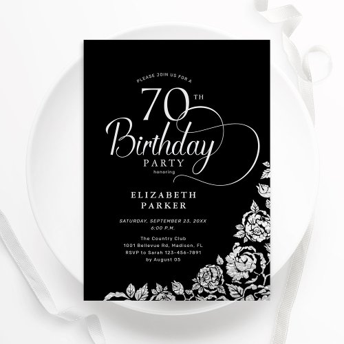 Simple Elegant 70th Birthday Black Silver Roses