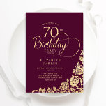 Simple Elegant 70th Birthday Burgundy Gold Invitation<br><div class="desc">Simple elegant 70th birthday party invitation in burgundy and gold. Classy design featuring roses, faux gold foil and typography script font. Trendy invite card perfect for a stylish female bday celebration. Personalize with your own details. Can be customized to any age. Printed Zazzle invitations or instant download digital printable template....</div>