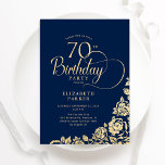 Simple Elegant 70th Birthday Navy Blue Gold Roses Invitation<br><div class="desc">Simple elegant 70th birthday party invitation in navy blue and gold. Classy design featuring roses, faux gold foil and typography script font. Trendy invite card perfect for a stylish female bday celebration. Personalize with your own details. Can be customized to any age. Printed Zazzle invitations or instant download digital printable...</div>