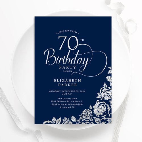 Simple Elegant 70th Birthday Navy Silver Roses