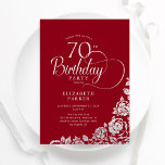 Simple Elegant 70th Birthday Red Silver Roses Invitation<br><div class="desc">Simple elegant 70th birthday party invitation in red and silver. Classy design featuring roses, faux silver foil and typography script font. Trendy invite card perfect for a stylish female bday celebration. Personalize with your own details. Can be customized to any age. Printed Zazzle invitations or instant download digital printable template....</div>