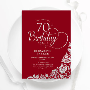 Simple Elegant 70th Birthday Red Silver Roses Invitation