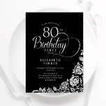 Simple Elegant 80th Birthday Black Silver Roses Invitation<br><div class="desc">Simple elegant 80th birthday party invitation in black and silver. Classy design featuring roses, faux silver foil and typography script font. Trendy invite card perfect for a stylish female bday celebration. Personalize with your own details. Can be customized to any age. Printed Zazzle invitations or instant download digital printable template....</div>