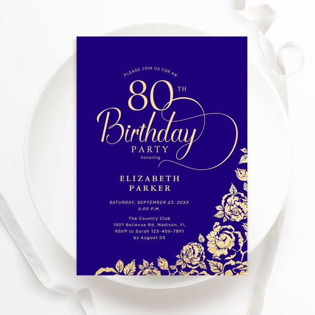 Simple Elegant 80th Birthday Purple Gold Roses Invitation (Creator Uploaded)