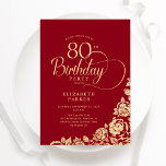 Simple Elegant 80th Birthday Red Gold Roses Invitation<br><div class="desc">Simple elegant 80th birthday party invitation in red and gold. Classy design featuring roses, faux gold foil and typography script font. Trendy invite card perfect for a stylish female bday celebration. Personalize with your own details. Can be customized to any age. Printed Zazzle invitations or instant download digital printable template....</div>