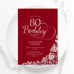 Simple Elegant 80th Birthday Red Silver Roses Invitation<br><div class="desc">Simple elegant 80th birthday party invitation in red and silver. Classy design featuring roses, faux silver foil and typography script font. Trendy invite card perfect for a stylish female bday celebration. Personalize with your own details. Can be customized to any age. Printed Zazzle invitations or instant download digital printable template....</div>